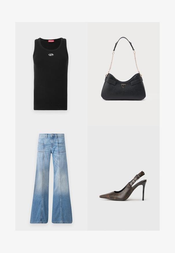 Camiseta sin mangas negra de tela de algodón con cuello redondo, diseño sin mangas y un pequeño logo blanco en la zona del pecho.; Vaqueros acampanados de color azul claro hechos de mezclilla. Cuentan con una cintura alta, cuatro bolsillos y un efecto de degradado desvaído hacia el dobladillo.; Zapato de tacón alto de piel marrón con punta afilada y tira trasera ajustable con hebilla, y tacón de aguja negro, sobre fondo plain.; Bolso negro con acabado texturizado, silueta curvada, doble asa de hombro de cuero y cadena, con un detalle de logo dorado.