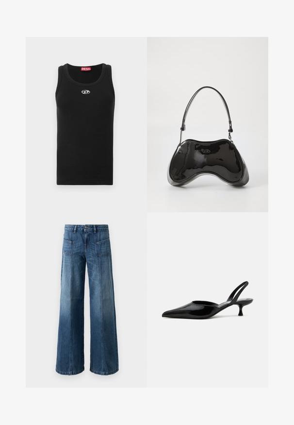 Camiseta sin mangas negra de tela de algodón con cuello redondo, diseño sin mangas y un pequeño logo blanco en la zona del pecho.; Jeans de pierna ancha en un denim azul desgastado. Presentan cinco bolsillos, un cierre de botón y cremallera, con costuras visibles y un ajuste holgado.; Zapato slingback de tacón bajo tipo kitten en charol negro con puntera puntiaguda y tacón bajo curvado sobre fondo claro y liso.; Bolso de mano de piel sintética negra con un diseño curvado único, asas cortas y ajustables, y abertura con cremallera en la parte superior. Textura suave con una sutil marca.