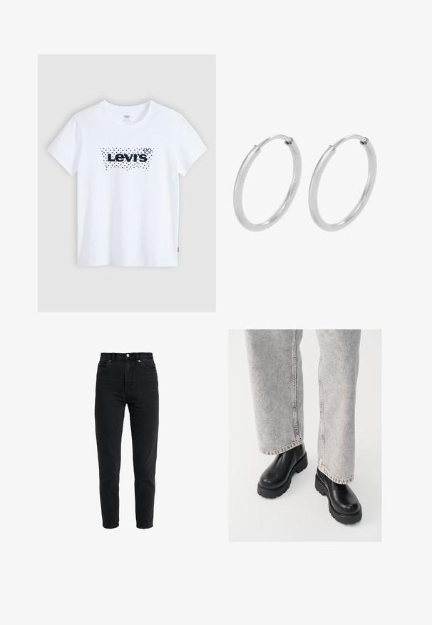 Weißes Levi's T-Shirt mit kurzen Ärmeln und schwarzem gepunktetem Logo, mittig auf der Brust vor hellem grauem Hintergrund.; Schwarze Jeans mit hoher Taille, vorderem Knopf und Reißverschluss, zwei vorderen Taschen und einem verjüngten Bein auf weißem Hintergrund.; Vagabond COSMO - Plateaustiefelette - black; Silberne Creolen, kreisförmig, mit glatter, glänzender Oberfläche und gleichbleibender Breite. Minimalistisches Design ohne zusätzliche Akzente.