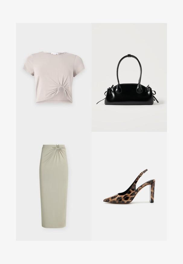 Korte beige cropped t-shirt met geplooide cirkel-uitgesneden detail aan de voorzoom en korte mouwen.; Beige midi-rok met hoge taille en geplooide stofdetail boven in het midden, met een kleine cirkelvormige uitsparing en twee decoratieve gouden kralen.; Leopardprint slingback pump met een spitse neus en een transparante blokhak. Gemaakt van glanzend materiaal met een gladde textuur.; Kleine zwarte glanzende handtas met twee lange hengsels en zijkant trekkoord details op een effen lichte achtergrond.
