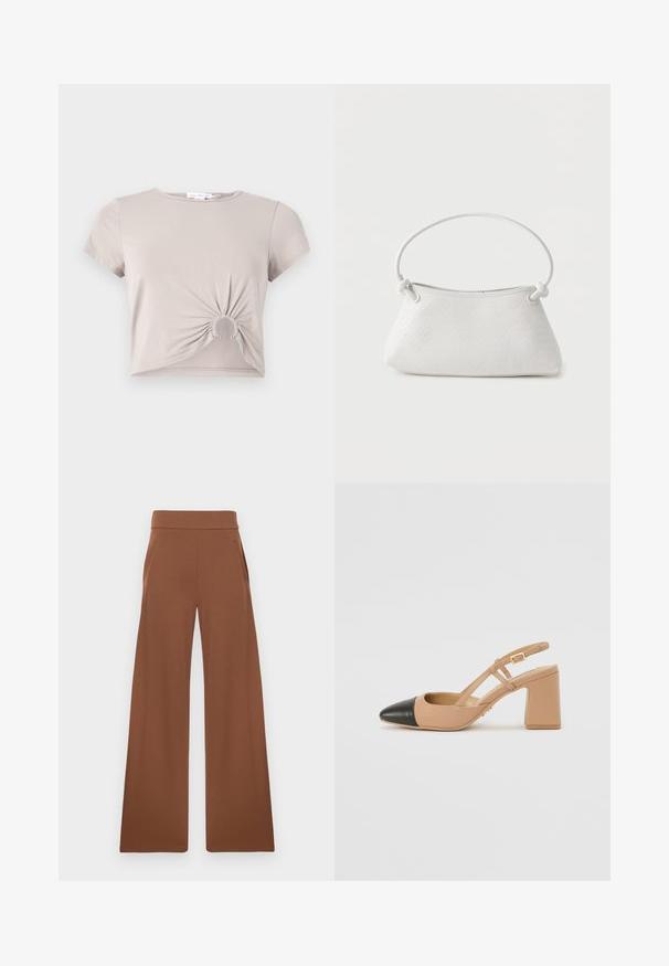 Kort beige cropped t-shirt med indsamlet cirkeludskæring foran på kanten og korte ærmer.; Brune bukser med bred benvidde fremstillet af et glat, strækbart stof. De har en høj talje og sidelommer, designet til en afslappet pasform.; Beige slingback sko med en sort spids tå, en firkantet høj hæl og to remdetaljer, fremstillet af et glat materiale.; Hvid fletlæderhåndtaske med afrundet håndtag og ender på remmen, der er knyttet, vist mod en ensfarvet baggrund.