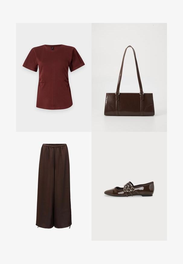 T-shirt à manches courtes bordeaux en coton doux. Doté d'un col rond et de fronces latérales discrètes pour plus de forme. Texture lisse.; Pantalon marron à jambes larges avec taille élastique et léger détail de cordon aux larges ourlets, présenté sur fond blanc.; Chaussure plate en cuir verni marron avec bout pointu et trois brides ajustables à boucle sur le côté, vue du profil extérieur.; Sac à main en cuir verni marron de forme rectangulaire, avec deux longues poignées et des accents courbés subtils à l'avant.