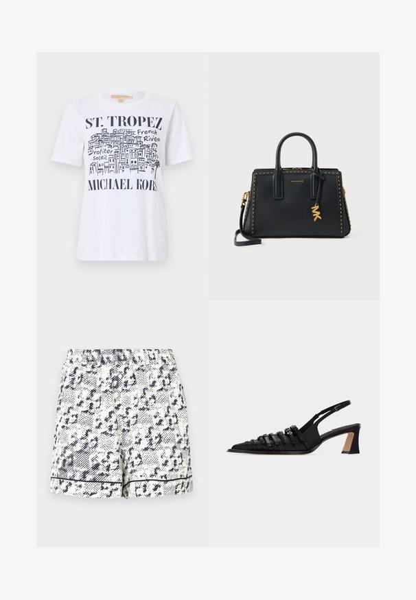 Hvid T-shirt med sort skitse af bygninger i St. Tropez, tekst "ST. TROPEZ," "Franske Riviera," "Profiter Soleil" og "MICHAEL KORS" logo.; Hvide shorts med et sort abstrakt mønster, elastisk talje og solid sort kant langs kanten. Fremstillet af et letvægtsstof.; Sort læder slingback-hæl med spids tå, flere stropper foran, en justerbar ankelspænde og en blokhæl.; Sort læderhåndtaske fra Michael Kors med doble håndtag, aftagelig skulderrem, guldnitter langs kanterne og guld MK-logo vedhæng.