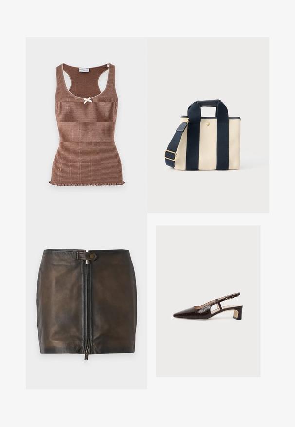 Brun ribbet tanktop med hvid kant og en lille sløjfe i midten. Har et tætsiddende design og en bølget kant.; Sort læder mini-skjørt med lukning foran med lynlås, glat overflade og en smal talje. Har et lille metalaccent på taljen.; Mørkebrun læder slingback sko med spids snude, lav blokhæl og krokodillemønster på hvid baggrund.; Lille beige lærredstaske med to brede sorte lodrette stropper, kort hank og justerbar skulderrem med guldlås.
