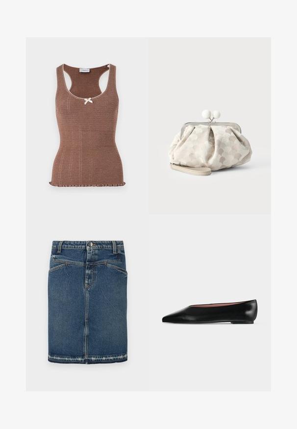 Débardeur marron à côtes avec bord blanc et un petit nœud au centre. Présente un design ajusté et un ourlet en forme de vagues.; Jupe en denim avec un délavage bleu classique, un design à cinq poches et un ourlet effiloché. Se ferme avec un bouton à l'avant et une fermeture éclair.; Chaussure plate en cuir noir pour femme, avec bout pointu et petit talon, vue de côté sur un fond gris clair uni.; Petit sac pochette beige avec tissu texturé à pois, cadre argenté, fermoir rond blanc et bracelet de poignet amovible sur fond uni.