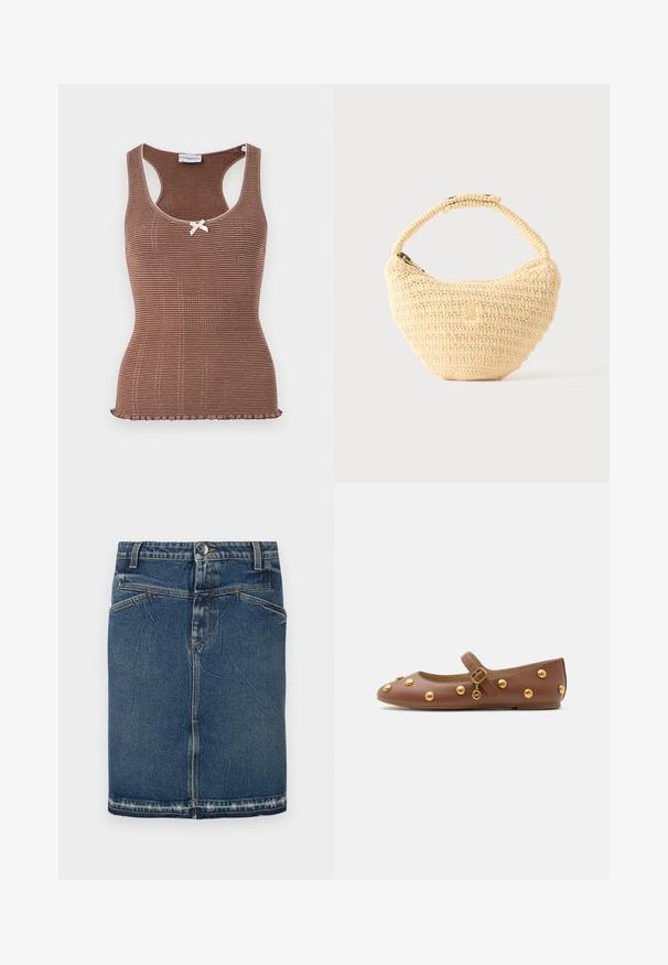 Bruine geribbelde tanktop met witte bies en een strikje in het midden. Heeft een aansluitend ontwerp en een gegolfde zoom.; Denimrok met een klassieke blauwe wassing, vijfzakkenontwerp en rafelige zoom. Sluit met een knoop en ritssluiting aan de voorkant.; Bruine leren Mary Jane ballerina met gouden studs, verstelbare gesp en klein rond metalen bedeltje aan de zijkant.; Beige geweven handtas met afgerond lichaam, ritssluiting en een korte, dikke band in een eenvoudige, gestructureerde haakstijl.