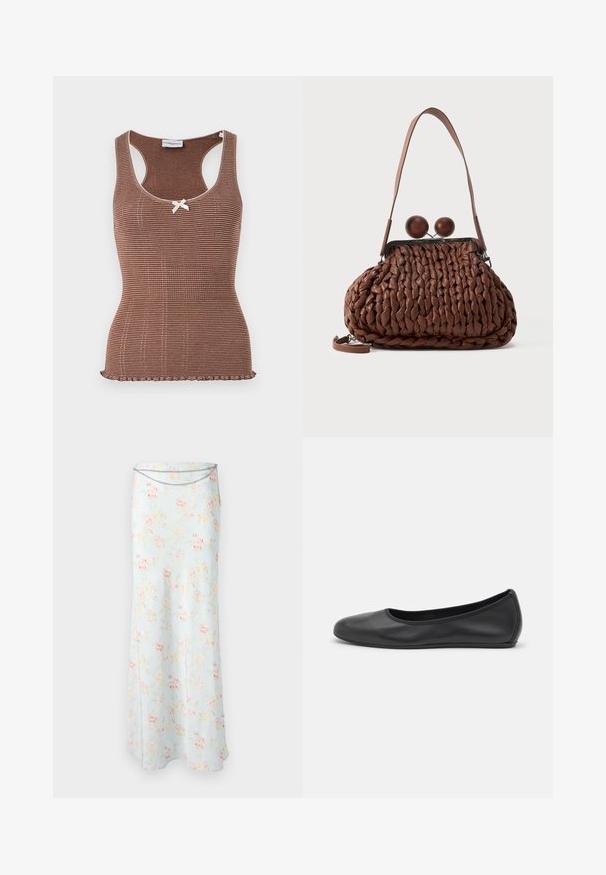 Brun ribbet tanktop med hvid kant og en lille sløjfe i midten. Har et tætsiddende design og en bølget kant.; Rabanne Maxinederdele - pink/blue/green/yellow; Sort læderballetsko med rund tå, glat tekstur, minimal syning og et fleksibelt såldesign.; Brun flettet læderhåndtaske med en enkelt strop og to store runde trælukninger på toppen.