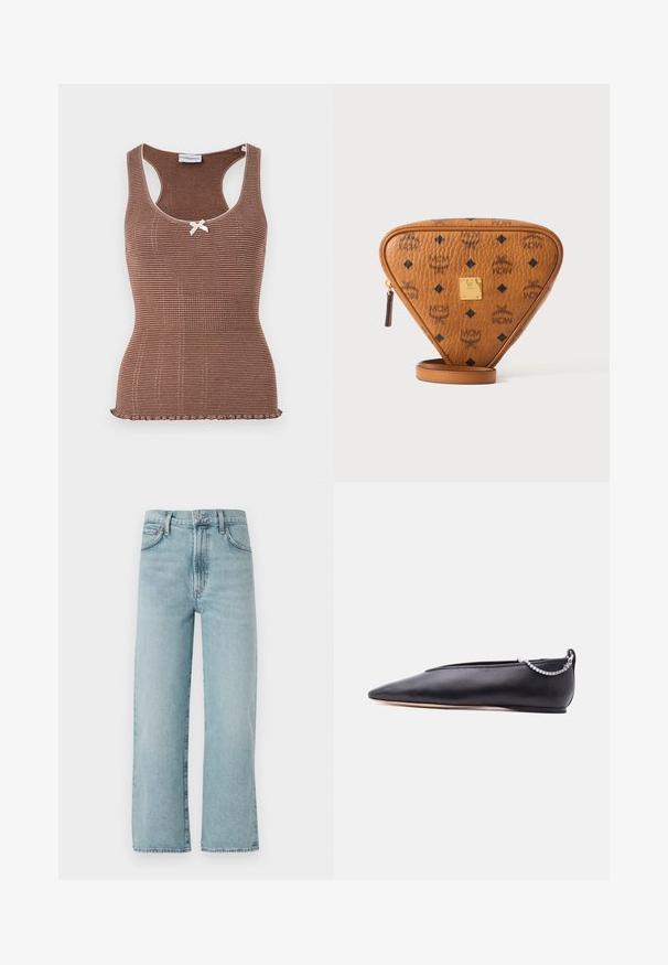 Brun ribbet tanktop med hvid kant og en lille sløjfe i midten. Har et tætsiddende design og en bølget kant.; Lyst blå lige ben jeans lavet af denim, med højTalje, en frontknaplukning og subtile falmninger på stoffet.; Sort læder flad sko med spids tå, lav hæl og sølvkæde detalje bagpå mod en ensfarvet baggrund.; Brun trekantet lædertaske med sort MCM-logo, guldmetalmærke og lynlås på hvid baggrund.