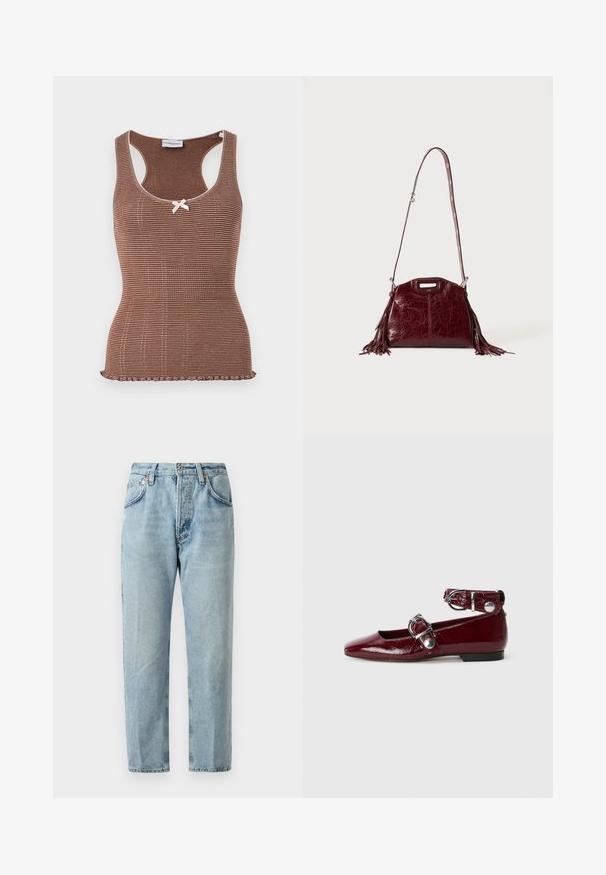 Brun ribbet tanktop med hvid kant og en lille sløjfe i midten. Har et tætsiddende design og en bølget kant.; Lysblå denimjeans med lige ben, fem lommer og let slid. Har en knaplukning og bæltestropper.; Bordeaux patentlæder flade sko med spids tå, en ankelrem med en sølvspænde og en lav hæl. Glat tekstur overalt.; Mørkerød læder skuldertaske med frynser og justerbar rem med sølvspænde mod en ensfarvet lys baggrund.
