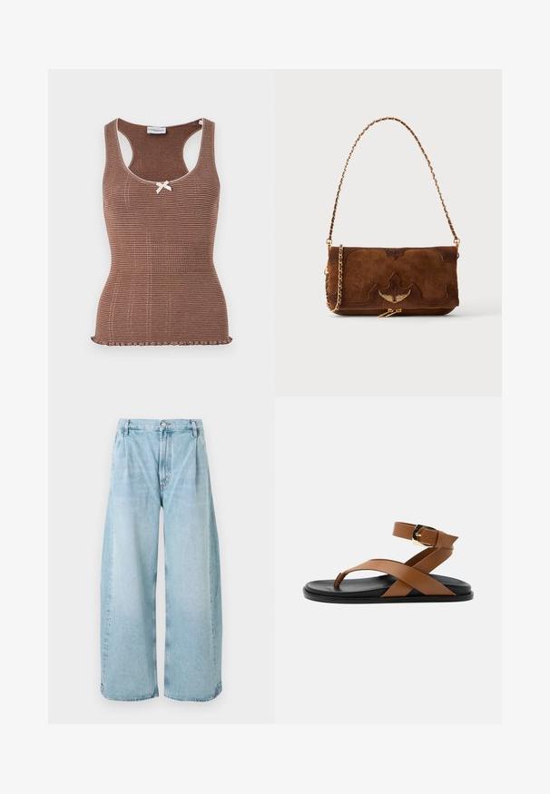 Brun ribbet tanktop med hvid kant og en lille sløjfe i midten. Har et tætsiddende design og en bølget kant.; Lysblå vide denimbukser med plisseringer foran, en knaplukning og lige afslutninger, med en falmet tekstur hele vejen igennem.; Flad sandal med sort sål, brun læder tå-loop, krydsremme, ankrem og guldbeslag på en neutral baggrund.; Brun ruskind- og læderskuldertaske med guldkæde-strop og vingeemblem på frontklappen mod en ensfarvet lys baggrund.