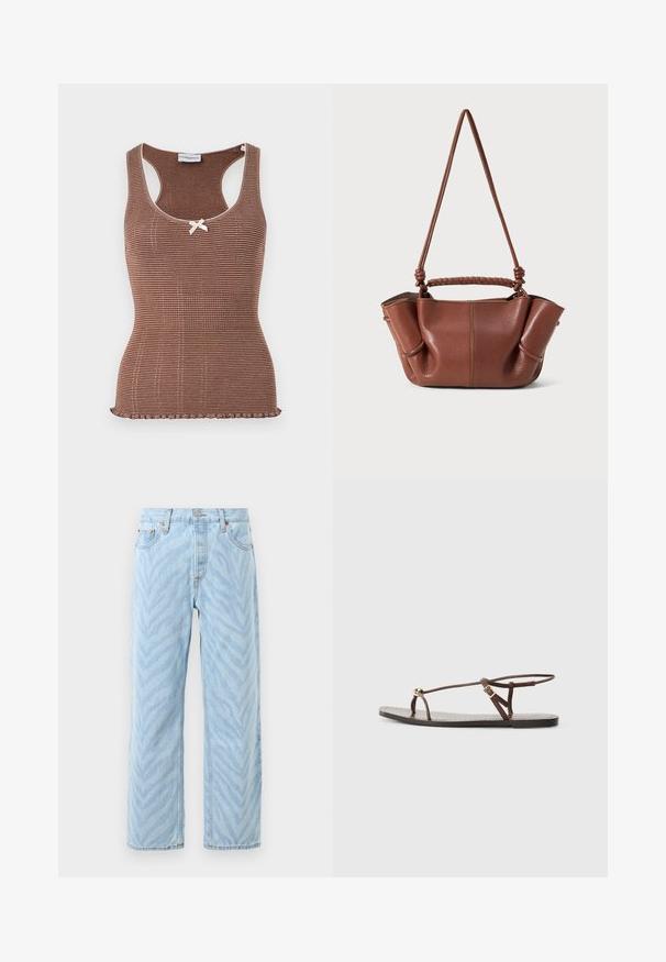 Débardeur marron à côtes avec bord blanc et un petit nœud au centre. Présente un design ajusté et un ourlet en forme de vagues.; Jeans droit light blue avec un motif subtil de rayures zèbres, fermeture par bouton et zip, et design à cinq poches.; Sandale en cuir marron avec des fines lanières, un accent circulaire doré et une semelle plate. Design minimaliste avec un détail de boucle réglable.; Sac à main en cuir marron avec une poignée tressée et une bandoulière réglable. Présente des côtés doucement pliés et des accents de couture visibles.