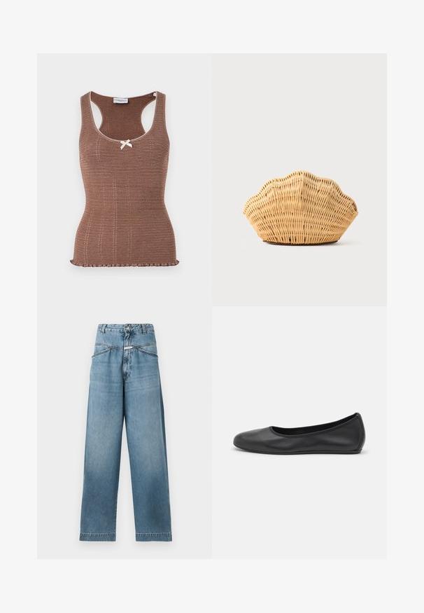 Débardeur marron à côtes avec bord blanc et un petit nœud au centre. Présente un design ajusté et un ourlet en forme de vagues.; CLOSED DENI - Wide Leg - mid blue; Ballerines en cuir noir avec un bout rond, texture lisse, détails de couture minimalistes et design de semelle flexible.; Sac à main en rotin tissé en forme de coquille Saint-Jacques de couleur brun clair naturel avec des bords arrondis et texturés.