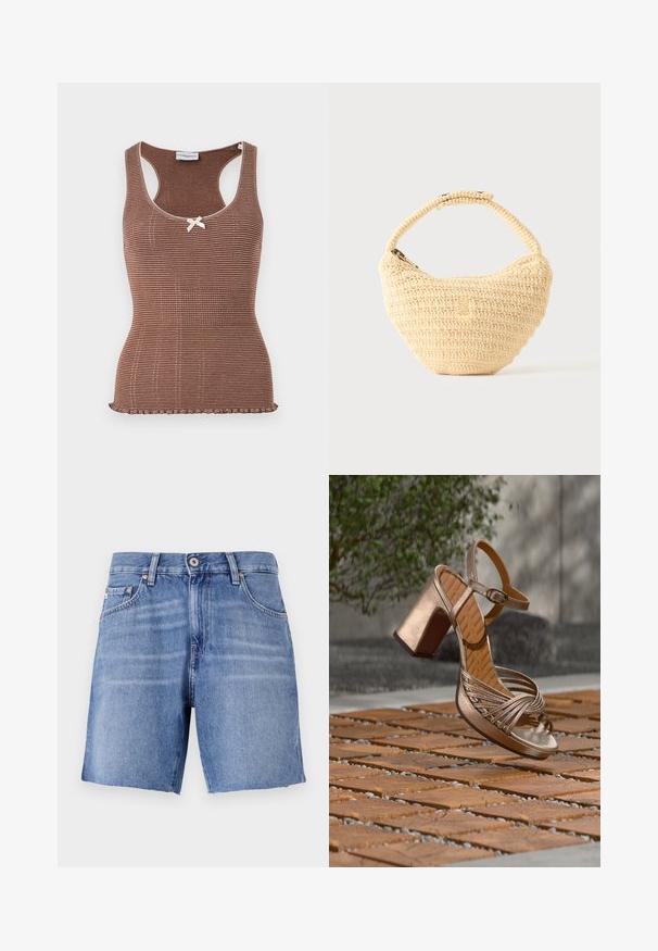 Bruine geribbelde tanktop met witte bies en een strikje in het midden. Heeft een aansluitend ontwerp en een gegolfde zoom.; Lichtblauwe denimshorts met een recht model, verbrokkelde zoom, vijf zakken en sluiting met een metalen knoop. De stof heeft een gladde textuur met een lichte vervaging.; Metalen bronzen sandaal met hoge hakken, gekruiste bandjes, open teen, enkelgesp en blokhak, geplaatst op een getextureerd houten oppervlak.; Beige geweven handtas met afgerond lichaam, ritssluiting en een korte, dikke band in een eenvoudige, gestructureerde haakstijl.