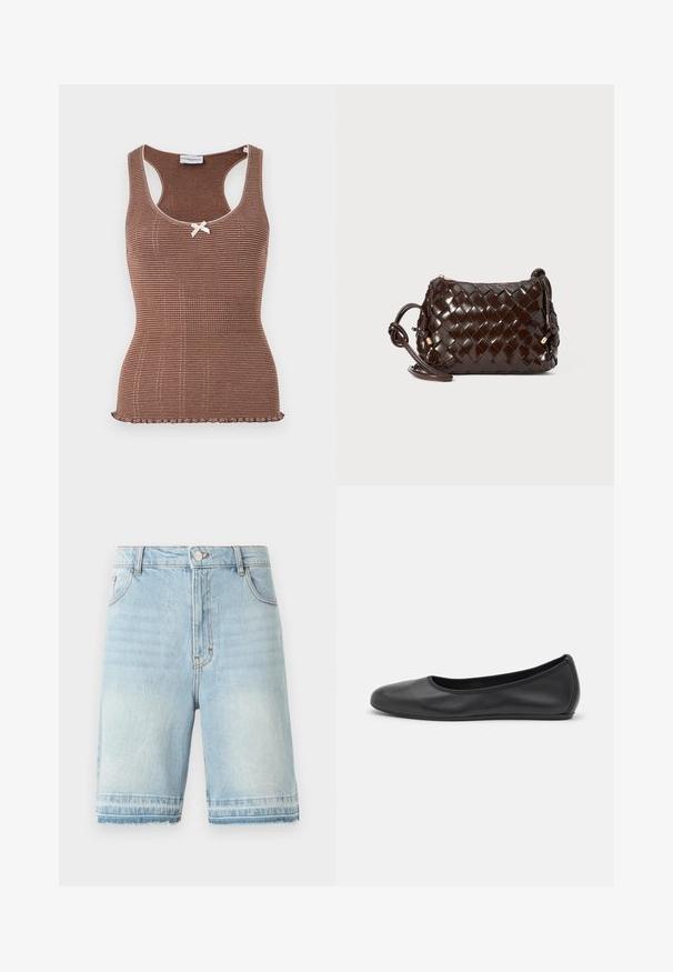 Bruine geribbelde tanktop met witte bies en een strikje in het midden. Heeft een aansluitend ontwerp en een gegolfde zoom.; Lichtblauwe denimshorts met een rafelige zoom, vijf zakken, en een standaard tailleband met knoopsluiting. Subtiele vervaging overal.; Zwarte leren ballerina met een ronde neus, gladde textuur, minimale stikdetails en een flexibele zoolontwerp.; Donkerbruine geweven leren crossbodytas met een geknoopte schouderband en een rits met goudkleurige trekker op een witte achtergrond.