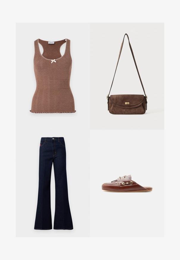 Bruine geribbelde tanktop met witte bies en een strikje in het midden. Heeft een aansluitend ontwerp en een gegolfde zoom.; Donkerblauwe hoge taille flared jeans met een knoop aan de voorkant, rits, zij- en achterzakken, en contrasterende stiksels.; Bruine leren instap loafer met moc-toenaad, gouden oogjes en decoratieve veterdetail aan de zijkant, platte zool, zijaanzicht.; Bruine suède schoudertas met een lange verstelbare band en een gouden draaisluiting op de voorflap.