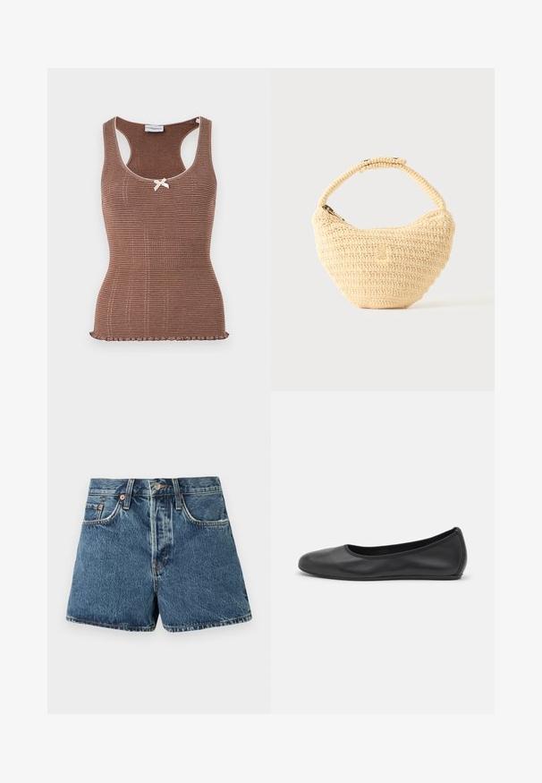 Bruine geribbelde tanktop met witte bies en een strikje in het midden. Heeft een aansluitend ontwerp en een gegolfde zoom.; Denim shorts in medium blue met een hoge taille, vijf zakken, contrasterende stiksels en een metalen knoopsluiting. Textuurstof met een lichte vervaging.; Zwarte leren ballerina met een ronde neus, gladde textuur, minimale stikdetails en een flexibele zoolontwerp.; Beige geweven handtas met afgerond lichaam, ritssluiting en een korte, dikke band in een eenvoudige, gestructureerde haakstijl.
