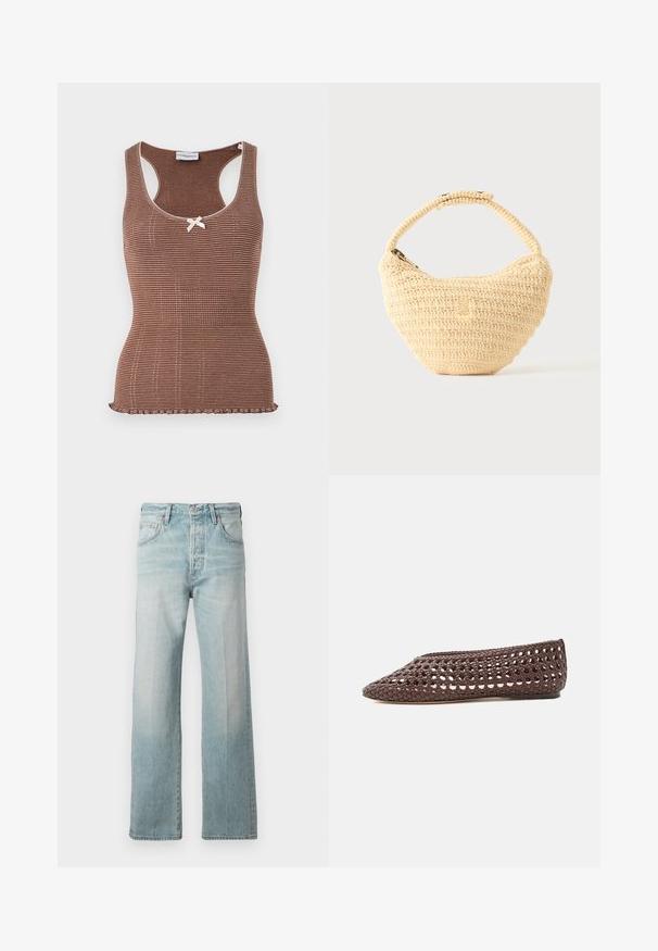 Brun ribbet tanktop med hvid kant og en lille sløjfe i midten. Har et tætsiddende design og en bølget kant.; Lysblå denim jeans med lige ben, høj talje, frontlommer og falmet struktur. Afsluttet med en subtil syet talje.; Brun flad sko med vævet åbent design og lukket rundet tå, vist fra siden på en lys baggrund.; Beige vævet håndtaske med afrundet krop, lynlås, og en kort, tyk strop i en enkel, tekstureret hæklestil.