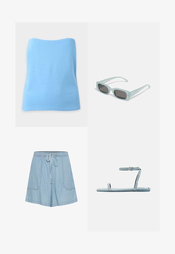 Vaaleansininen olkaimeton putkitoppi, jossa yksinkertainen muotoilu ja sileä kangas, esitetään yksiväristä taustaa vasten.; Vaaleansiniset denim-shortsit, joissa on joustava vyötärö, nauhakiinnitys, kaksi etutaskua ja ommellut yksityiskohdat.; Vaaleansininen litteä sandaali, jossa on teksturoitu pinta, ohut nilkkavyö ja pieniä pyöreitä niittejä vyössä ja pohjassa.; Pari rektangulaarisia aurinkolaseja, joissa on vaaleansiniset läpinäkyvät kehykset ja tummanharmaat linssit. Aurinkolasit ovat suorat temppeleiltään ja niissä on minimaalinen varusteiden määrä.