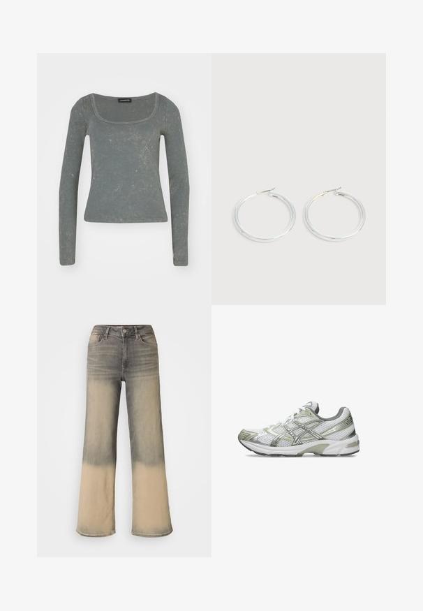 Top de manga larga de canalé en verde apagado con un amplio escote cuadrado y una textura sutil. Presenta un diseño ajustado y una tela suave.; Pantalones vaqueros de pierna ancha con un degradado de gris a beige, hechos de denim. Presentan bolsillos clásicos y un cierre con botón.; Zapatilla de correr blanca con parte superior de malla, acentos metálicos plateados, capuchón de talón gris y suela de goma. Presenta un diseño texturizado y cordones.; Pareja de pendientes de aro plateados brillantes con cierres de alambre delgado, mostrados sobre un fondo gris claro.