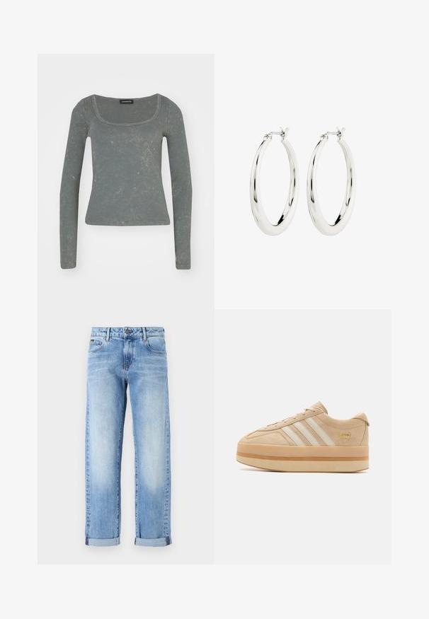 Langärmliges, geripptes Oberteil in gedämpftem Grün mit weitem, quadratischen Ausschnitt und subtiler Textur. Verfügt über ein figurbetontes Design und weichen Stoff.; Hellblaue Jeans aus Denim mit hochgekrempelten Säumen, Knopf- und Reißverschluss vorne sowie klassischem Five-Pocket-Design auf weißem Hintergrund.; Beige Wildleder Plattform-Sneaker mit weißen drei Streifen, runder Zehenpartie und beiger Gummisohle, die ein goldfarbenes Logo-Highlight an der Seite aufweist.; Silberne Creolen mit einer glatten, glänzenden Oberfläche. Kreisform, ausgestattet mit einem sicheren Verschluss. Einfaches und elegantes Design.