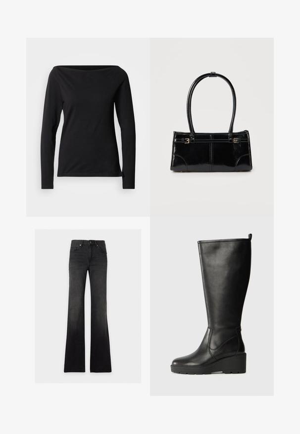 Schwarzes langärmliges Oberteil mit weitem U-Boot-Ausschnitt, aus glattem, elastischem Stoff, mit figurbetontem Schnitt und minimalistischem Design.; Schwarze High-Waist-Flare-Jeans mit Vordertaschen, Gürtelschlaufen, Knopfverschluss und einem ausgewaschenen Waschungseffekt.; Schwarze Lederstiefel bis zum Knie mit Keilsohle, glatter Textur, nahtlosem Design und einem kleinen Ziehband oben für einfaches Anziehen.; Glänzende schwarze rechteckige Handtasche mit zwei dünnen Schulterriemen und kleinen goldenen Schnallen vorne.