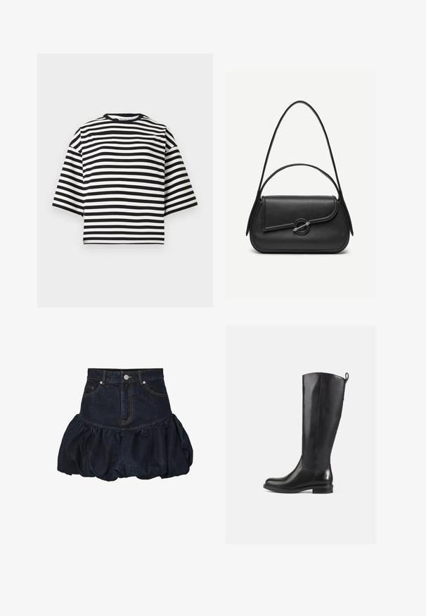 Sort og hvidstribet kortærmet cropped t-shirt med rund halsudskæring og afslappet pasform, lavet af glat bomuldsstof.; Mørk denim nederdel med en tætsiddende talje og en samlet, puflet nederste del med flæser. Har forlommer og knaplukning i metal.; Knæhøje sorte læderstøvler med en glat finish, rund tå, lav hæl og en flap bagpå. Minimalistisk design uden synlige mønstre.; Sort læderhåndtaske med afrundede kanter, asymmetrisk klap, metalcirkulært spænde samt både korte og lange skulderstropper.