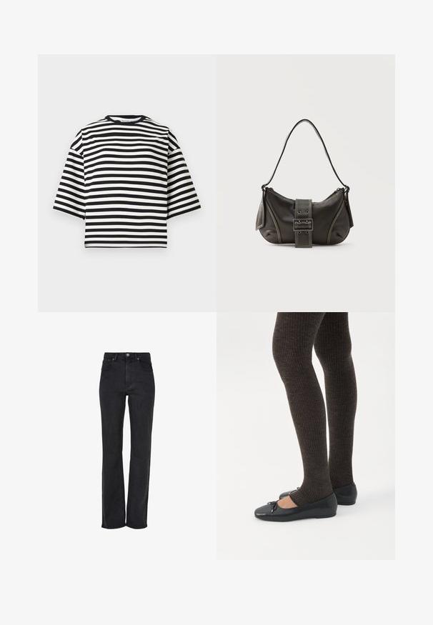 T-shirt court à manches courtes à rayures noires et blanches, avec un col rond et une coupe décontractée, fabriqué en tissu de coton doux.; Jean noir à jambe droite, taille haute, en denim, avec une fermeture à bouton à l'avant et un design à cinq poches avec des détails de couture subtils.; Jambes portant des leggings côtelés foncés associés à des ballerines noires avec de petits détails en nœud sur fond blanc.; Sac à épaule en cuir noir avec une sangle à boucle, des bords arrondis et des coutures blanches contrastées sur un fond uni.