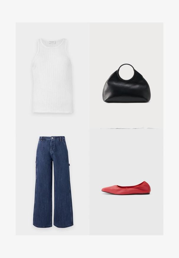 Débardeur blanc en tissu léger, présentant une texture côtelée et un col rond. Design simple sans motifs ni accents visibles.; Pantalon en denim bleu foncé à jambes larges, bouton sur le devant, fermeture éclair, poches latérales et passants de ceinture, présenté sur un fond blanc uni.; Filippa K REY FLATS - Ballerines - bright red; Sac à main en cuir noir de forme arrondie avec une anse supérieure circulaire enveloppée de couture en cuir assorti.