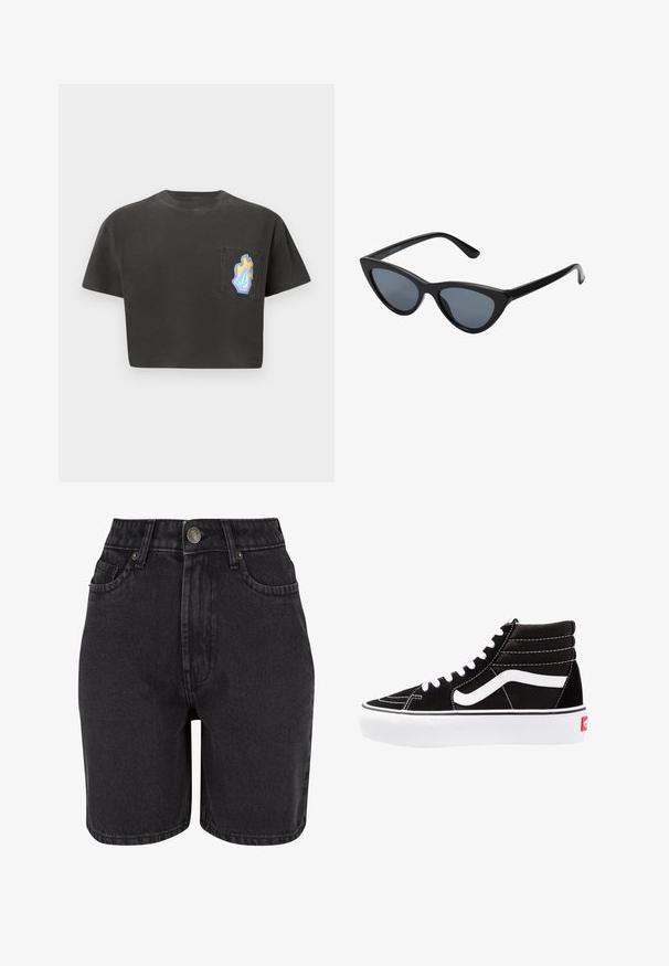 Zwart cropped t-shirt met korte mouwen, voorzien van een borstzakje aan de linkerkant met een kleurrijk ontwerp van vlammen en geometrische vormen.; Zwarte denim shorts met een hoge taille, vijf-pocket ontwerp en metalen knoopsluiting. De stof heeft een gladde textuur met subtiele vervaging.; Zwarte high-top sneakers met witte veters, een wit logo en contrasterende witte stiksels. Heeft een dikke witte zool en een bovenwerk van gestructureerd suede.; Zwarte cat-eye zonnebril met donkergrijze lenzen, slank plastic frame, puntige hoeken en rechte pootjes. Geen zichtbare hardware of accenten.