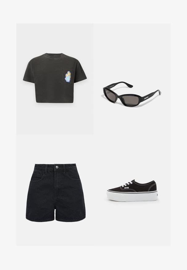 Zwart cropped t-shirt met korte mouwen, voorzien van een borstzakje aan de linkerkant met een kleurrijk ontwerp van vlammen en geometrische vormen.; Zwarte denim shorts met hoge taille, voorste knoopsluiting, riemlussen en twee voorzakken tegen een effen witte achtergrond.; Zwarte canvas sneaker met een witte rubberen platformzool, voorzien van witte veters en stiksels, iconische branding op de zijkant, low-top ontwerp.; Zwarte zonnebril met een rechthoekig frame, donkere lenzen, gladde plastic materiaal en een metalen accent op de poot.