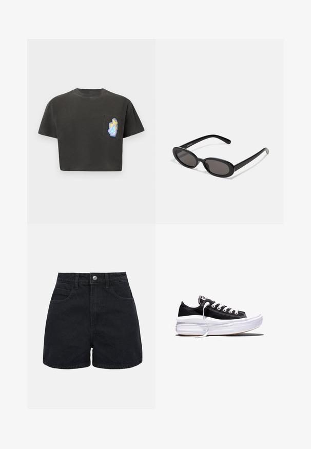 Sort crop-top t-shirt med korte ærmer, der har en venstre brystlomme dekoreret med et farverigt flamme- og geometrisk mønster.; Sorte denimshorts med høj talje, frontknap, bæltestropper og to forlommer på en ensfarvet hvid baggrund.; Sort lavt liggende lærreds-sneaker med hvide snørebånd og tyk, flerlags hvid gummisål mod en hvid baggrund.; Even&Odd Solbriller - black