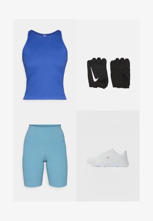 Blauwe geribde tanktop met een aangesloten ontwerp, ronde halslijn en zonder mouwen. Gladde stof met een lichte glans, geen zichtbare logo's of patronen.; Hoge taille blauwe shorts van rekbare stof, met platte naden en een gladde afwerking, ontworpen voor comfort en bewegingsvrijheid.; Witte sportieve schoenen met een gestructureerde mesh bovenkant, gevoerde kraag en een contrasterend logo aan de zijkant. Beschikt over een lichtgewicht rubberen zool.; Zwarte vingerloze fitnesshandschoenen van ademend materiaal, met een wit Nike-logo, gevoerde handpalmen en een open polsontwerp voor flexibiliteit.