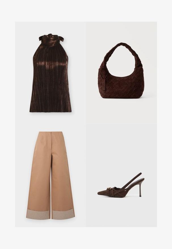 Haut sans manches métallisé brun foncé plissé à col halter avec un détail de nœud torsadé à l'encolure, présenté sur fond blanc.; Pantalon large taille haute couleur sable avec détail de revers à carreaux marron et blanc, poches avant et fermeture avant dissimulée.; Chaussures à talons hauts en daim marron avec bride arrière, bout pointu, dotées de brides croisées et d'une boucle dorée en guise d'accent.; Sac à épaule en cuir tressé marron foncé avec une forme douce et arrondie et une large anse, avec une petite étiquette en cuir attachée.