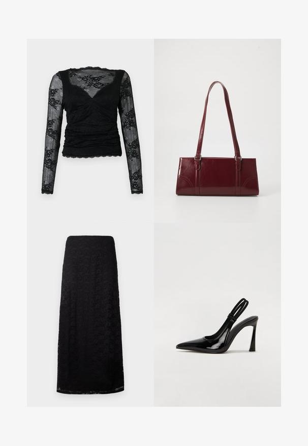 Zwarte top met lange mouwen van kant, met een gerimpeld ontwerp en gegolfde randen, met bloemmotieven op de mouwen en een V-halslijn.; Zwarte kanten midi-skirt met bloemenpatroon, rechte snit en subtiele textuur, gepresenteerd tegen een effen witte achtergrond.; Zwarte gepatineerde leren slingback pump met puntige neus, slanke hoge hak en dubbele elastische band voor een veilige pasvorm. Gladde, glanzende oppervlakte.; Bourgondische handtas van glanzend materiaal, rechthoekige vorm, met twee schouderbanden en subtiele gebogen accenten aan de voorkant.