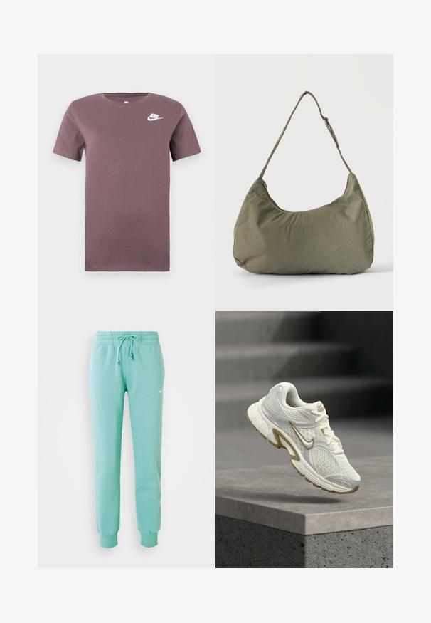 Fialové tričko s krátkym rukávom a okrúhlym výstrihom Nike s bielym logom Nike na ľavej hrudi na obyčajnom pozadí.; Mentolové tepláky s elastickým pásom, šnúrkou na stiahnutie a rebrovanými manžetami. Na ľavom stehne sa nachádza malé biele logo Nike.; Bielo-béžový bežecký topánka Nike so sieťovinovými panelmi a šnurovaním, visiaca nad betónovým okrajom so schodmi v pozadí.; Olivovo zelená mäkká látková taška cez rameno so zipsovým uzáverom a nastaviteľným popruhom na svetlom jednofarebnom pozadí.