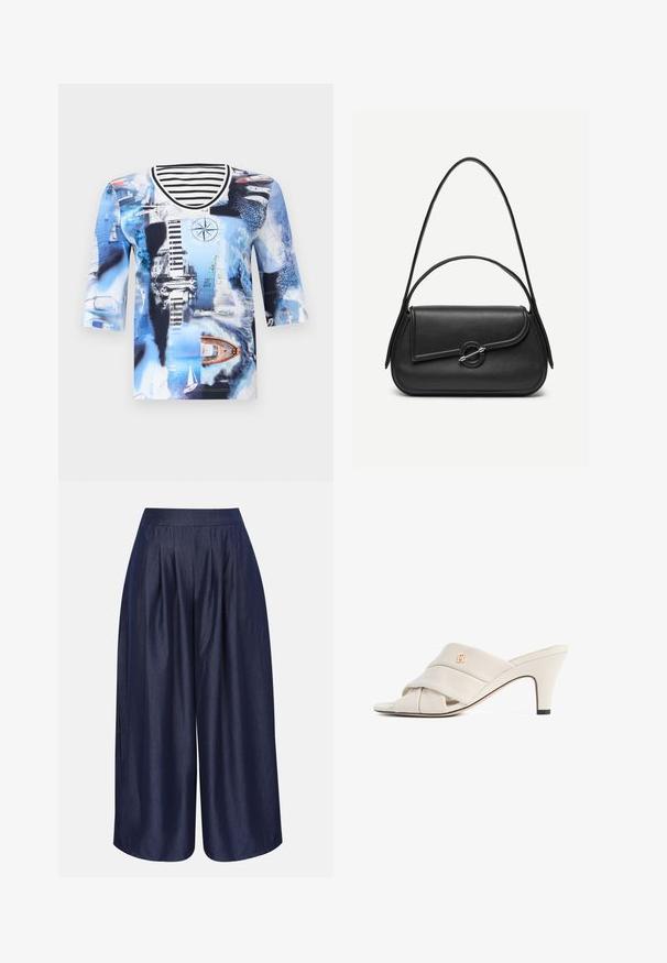 Chemise bleu à thème nautique avec des voiliers, un phare, une boussole et un bateau sur l'eau, avec un col rayé noir et blanc.; Pantalon bleu marine taille haute à jambes larges avec plis sur le devant, confectionné dans un tissu lisse et légèrement brillant.; Mules à talons hauts beiges avec un design de bride en cuir torsadé, bout ouvert et motif de logo en relief. Le talon présente un détail d'embout noir.; Sac à main en cuir noir avec bords arrondis, rabat asymétrique, fermoir circulaire en métal, et des bandoulières courtes et longues.