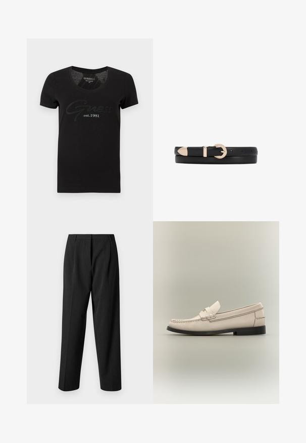 Zwart T-shirt met korte mouwen en een ronde halslijn. Op de voorkant staat het woord "Guess" in een sierlijk lettertype en daaronder "est. 1981" gedrukt in contrasterend wit.; Zwarte op maat gemaakte broek met een recht model, voorzien van een textuurstof, voorplooien en een gladde tailleband.; Beige leren herensloffer met zwarte zool en decoratieve riemdetail op een lichtgrijze achtergrond.; Zwarte leren riem met een afgeronde gesp in goudkleur, taps toelopende punt, meerdere gaatjes voor aanpassing en een gladde textuur.