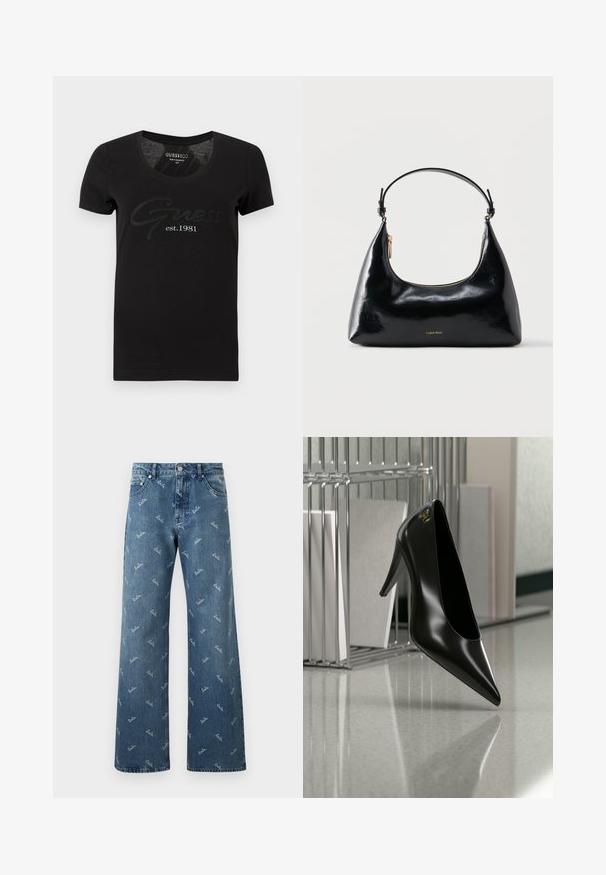 Camiseta negra de manga corta con cuello redondo. Presenta la palabra "Guess" en una fuente curvada y "est. 1981" impreso debajo en blanco contrastante.; Jeans de mezclilla azul claro con un diseño de pierna ancha, que presentan un patrón de logotipo 'lala' repetido en blanco y un estilo clásico de cinco bolsillos.; Zapato de tacón alto negro con punta afilada y logo dorado, colocado sobre una superficie reflectante cerca de un organizador de archivos de alambre cromado con documentos.; Bolso negro brillante de Calvin Klein con cremallera dorada y correa corta sobre un fondo blanco liso.