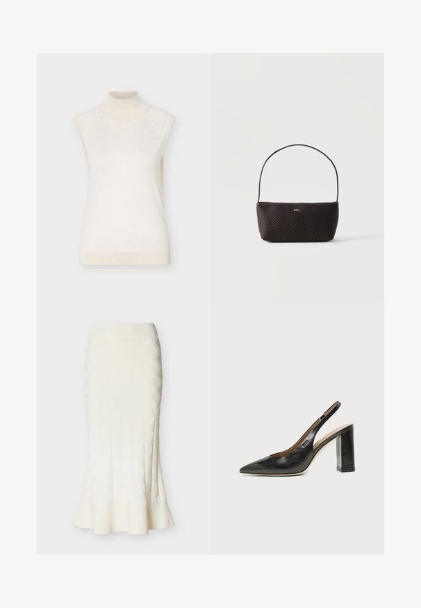 Pull sans manches à col roulé crème avec col et ourlet côtelés, présenté sur un fond clair uni.; Jupe crayon midi blanche avec motif carré texturé et détail à ourlet évasé sur fond neutre.; Chaussure slingback en cuir noir à bout pointu avec un talon bloc haut et une doublure intérieure beige sur un fond clair uni.; Sac à main noir tissé texturé avec une seule bandoulière et un petit logo doré "BOSS" au centre devant.