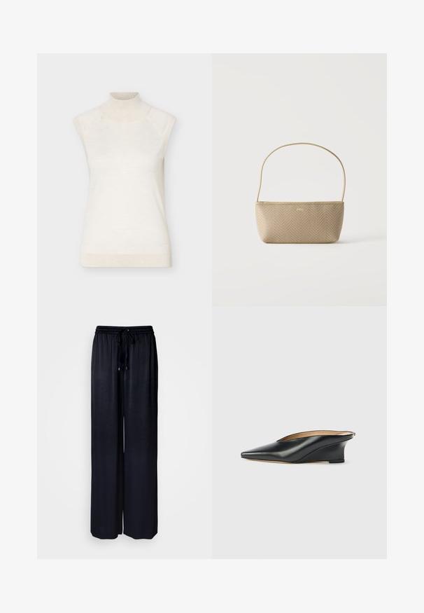 Pull sans manches à col roulé crème avec col et ourlet côtelés, présenté sur un fond clair uni.; Pantalon noir à jambes larges en tissu léger avec taille élastique et cordon de serrage ajustable. Texture lisse sans motifs visibles.; Chaussure compensée en cuir verni noir avec un bout pointu et un dos ouvert, présentant un design élégant et courbé ainsi qu'un style minimaliste.; Sac à main tissé beige avec fine bandoulière et petit logo doré "BOSS" à l'avant, présenté sur fond blanc uni.