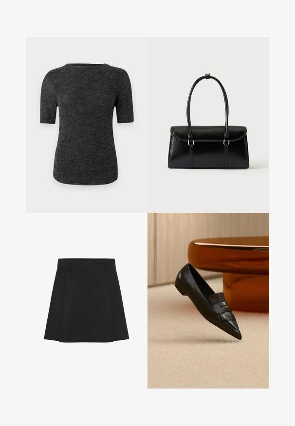 T-shirt à manches courtes en tissu tricoté gris foncé, présentant un col rond et une silhouette ajustée avec une texture lisse.; Jupe plissée noire avec une taille structurée. Fabriquée à partir d'un tissu texturé, elle présente des plis distincts et un ourlet droit.; Mocassin en cuir noir à bout pointu avec détail de franges, positionné sur un tapis beige près d'une table ronde en verre orange.; Sac à main rectangulaire en cuir noir avec fermeture à rabat et deux longues anses sur fond blanc uni.