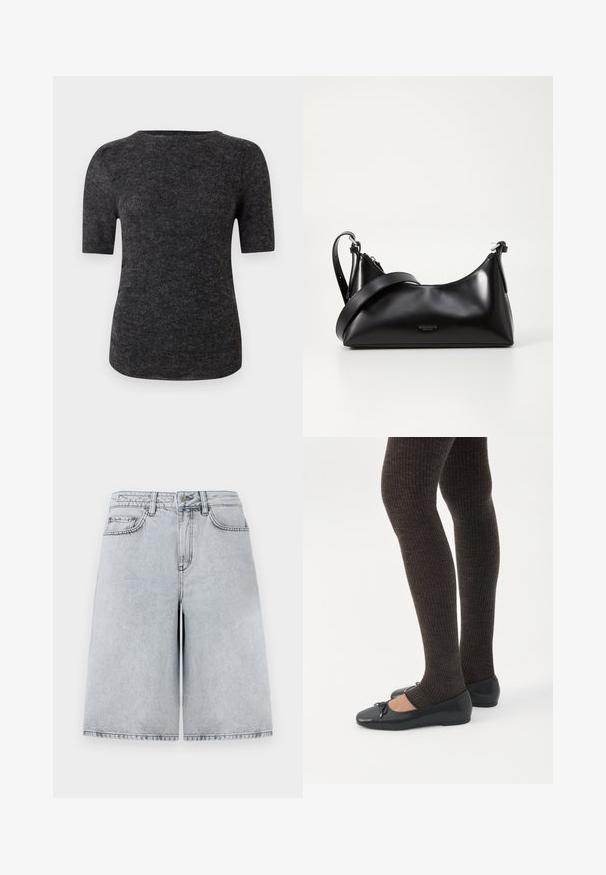 T-shirt à manches courtes en tissu tricoté gris foncé, présentant un col rond et une silhouette ajustée avec une texture lisse.; Shorts en denim gris clair avec une coupe décontractée, taille haute, cinq poches et coupe droite. Détails de couture propres et minimaux.; Jambes portant des leggings côtelés foncés associés à des ballerines noires avec de petits détails en nœud sur fond blanc.; Sac à main en cuir noir avec une texture lisse. Dispose d'une bandoulière adjustable et d'un design élégant et minimaliste avec une fermeture éclair.