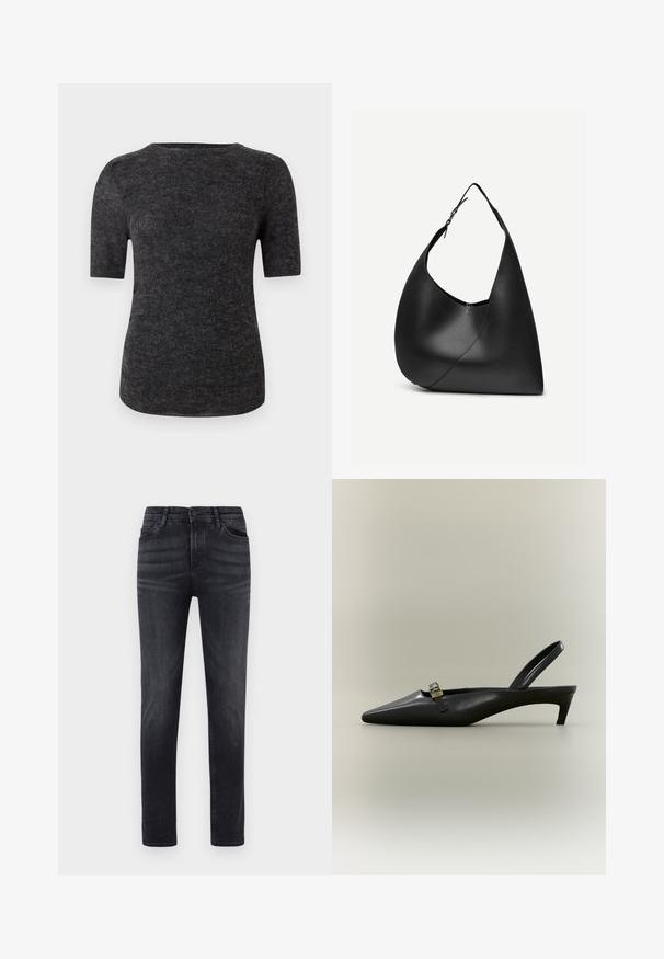 Korte mouwen top in donkergrijze gebreide stof, met een ronde halslijn en een aansluitende silhoutte met een gladde textuur.; Zwarte denim jeans met een rechte pasvorm. Voorzien van vijf zakken, een knoopsluiting en lussen voor de riem. De stof heeft een gladde textuur en een lichte stretch.; Zwarte lederen slingback kitten heel met puntige neus en klein gouden gespsluiting op een effen achtergrond.; Zwarte leren schoudertas met gebogen driehoekige vorm, enkele verstelbare riem en zichtbare diagonale naad aan de voorkant.