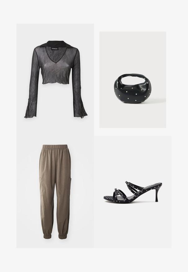 Sort gennemskinnelig langærmet cropped top med V-hals, med en rynket tekstur og blondeaccenter på ærmerne.; Løs pasform cargo bukser i brunt stof, med elastisktalje, samlet manchetter og sidelommer for funktionalitet.; Sort højhælet sandal med hvide polkaprikker, åben tå og tynde krydsstroppper på en ensartet lys baggrund.; Sort læderhåndtaske med en rundet form, dekoreret med sølvnitter, og et kort håndtag. Glat tekstur og lynlåslukning.