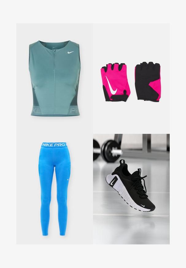 Ærmeløs atletisk crop-top i teal med frontlynlås, netpaneler i siderne og hvid Nike swoosh-logo på øverste venstre bryst.; Lyseblå Nike Pro leggings med elastik i taljen og lille hvid Nike-swoosh på venstre lår, vist på en ensfarvet baggrund.; Sort atletiksko med en tekstureret stofoverdel, hvid sål og fremtrædende snøresystem. Indeholder en Nike-logo og et blødt, polstret design.; Korte lyserøde handsker med sorte accenter, der har et hvidt Nike-logo, polstrede håndflader og fingerløst design for bedre greb og fleksibilitet.
