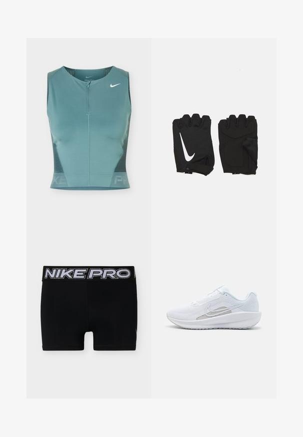 Sportovní krátký top v tyrkysové barvě bez rukávů se zipem vpředu, síťovanými bočními panely a bílým logem Nike Swoosh na levé horní části hrudi.; Černé kompresní šortky Nike Pro se širokým pasem a velkým stříbrným nápisem "NIKE PRO".; Bílé sportovní boty s síťovaným vrškem, zaoblenou špičkou a texturovanou podrážkou. Mají stříbrný logo Nike a minimalistický design.; Černé bezprstové gymnasticé rukavice vyrobené z prodyšného materiálu, s bílým logem Nike, polstrovanými dlaněmi a otevřeným designem zápěstí pro flexibilitu.