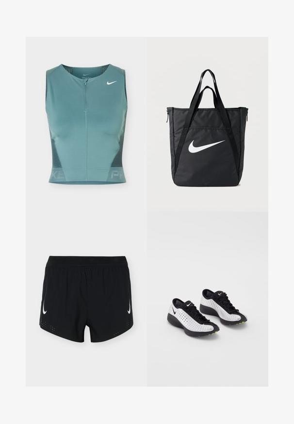 Haut court de sport sans manches de couleur turquoise avec fermeture éclair à l'avant, panneaux latéraux en mesh et logo Nike swoosh blanc sur la partie supérieure gauche de la poitrine.; Shorts de sport noirs avec une ceinture élastique, logos Nike swoosh blancs sur les deux jambes, et petits trous de ventilation près de l'ourlet.; Baskets Nike avec un uppers blanc perforé, des accents noirs, un bout arrondi et une semelle épaisse noire avec des touches de vert.; Sac fourre-tout en nylon noir avec deux bretelles, doté d'un grand logo blanc Nike, fermeture éclair, et un design rectangulaire élégant.