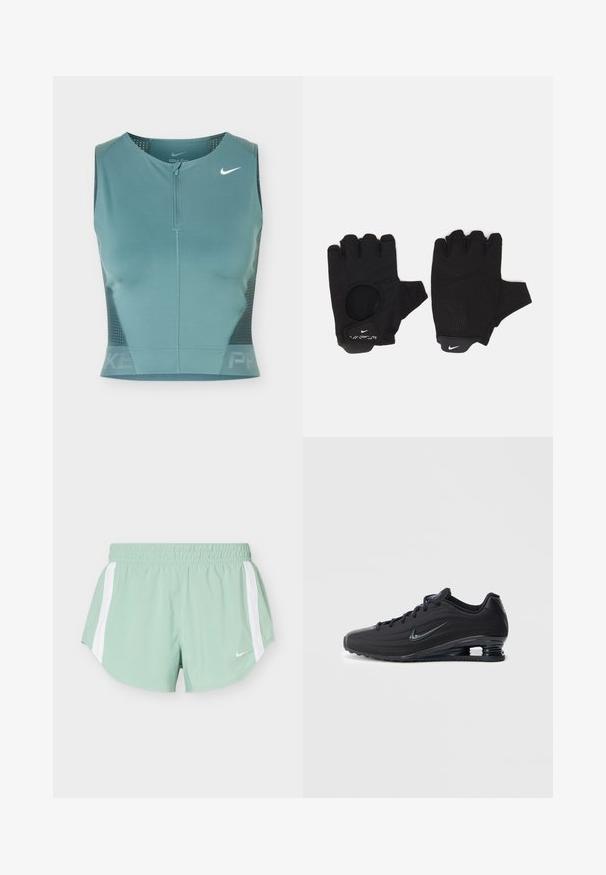 Sleeveless teal athletic crop top with front zipper, mesh side panels, and white Nike swoosh logo on the upper left chest.; Light green athletic shorts with white side stripes and an elastic waistband, featuring a small white Nike logo on the front.; Black Nike sneakers with a textured upper, featuring a sleek design, lace-up closure, and a visible air heel unit. Minimalist branding accent.; Black fingerless gloves with a textured design. Made from a breathable material, featuring a thumb hole and reinforced palm for grip.