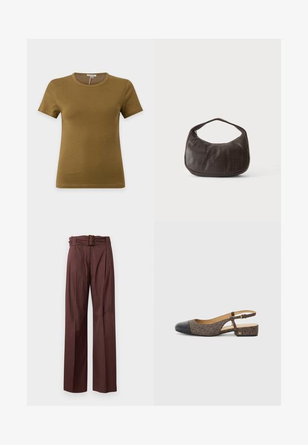 T-shirt uni vert olive à manches courtes et col rond, présenté sur un fond gris, montrant la vue de face avec des détails de coutures visibles.; Pantalon marron taille haute à jambes larges, devant plissé et ceinture assortie avec boucle rectangulaire en écaille.; Chaussure slingback avec une tige en tissu à motifs marron et un bout en cuir noir. Elle présente un petit talon bloc et une sangle à boucle.; Petit sac à main marron foncé texturé avec une courte bandoulière et un fond arrondi sur un fond clair uni.
