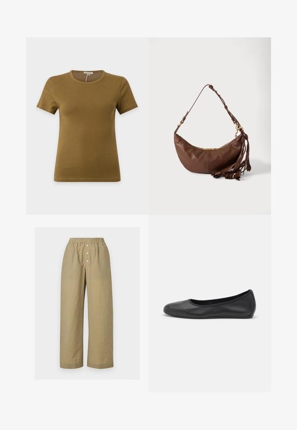T-shirt uni vert olive à manches courtes et col rond, présenté sur un fond gris, montrant la vue de face avec des détails de coutures visibles.; Pantalon beige à jambes larges avec une ceinture élastique et trois boutons blancs sur la patte de boutonnage devant, en tissu léger texturé.; Ballerines en cuir noir avec un bout rond, texture lisse, détails de couture minimalistes et design de semelle flexible.; Sac à bandoulière en cuir marron en forme de croissant avec une fermeture éclair dorée et plusieurs pampilles en cuir suspendues à la sangle sur fond blanc.